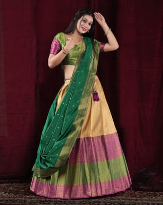 Rani And Green Kanjivaram Silk Pattu Lehenga With Zari Woven