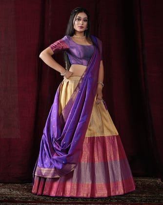 Chiku And Blue Kanjivaram Silk Pattu Lehenga With Zari Woven