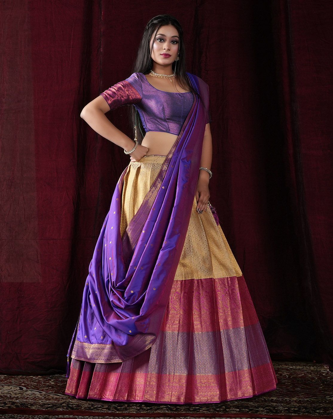 Chiku And Blue Kanjivaram Silk Pattu Lehenga With Zari Woven