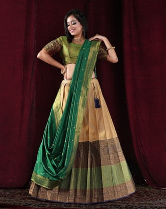 Chiku And Green Kanjivaram Silk Pattu Lehenga With Zari Woven