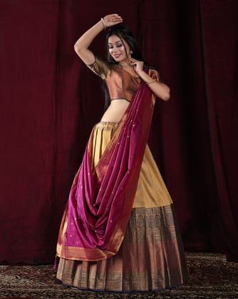 Chiku And Wine Kanjivaram Silk Pattu Lehenga With Zari Woven