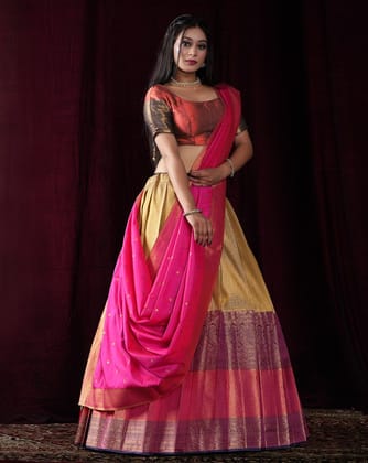 Chiku And Red Kanjivaram Silk Pattu Lehenga With Zari Woven