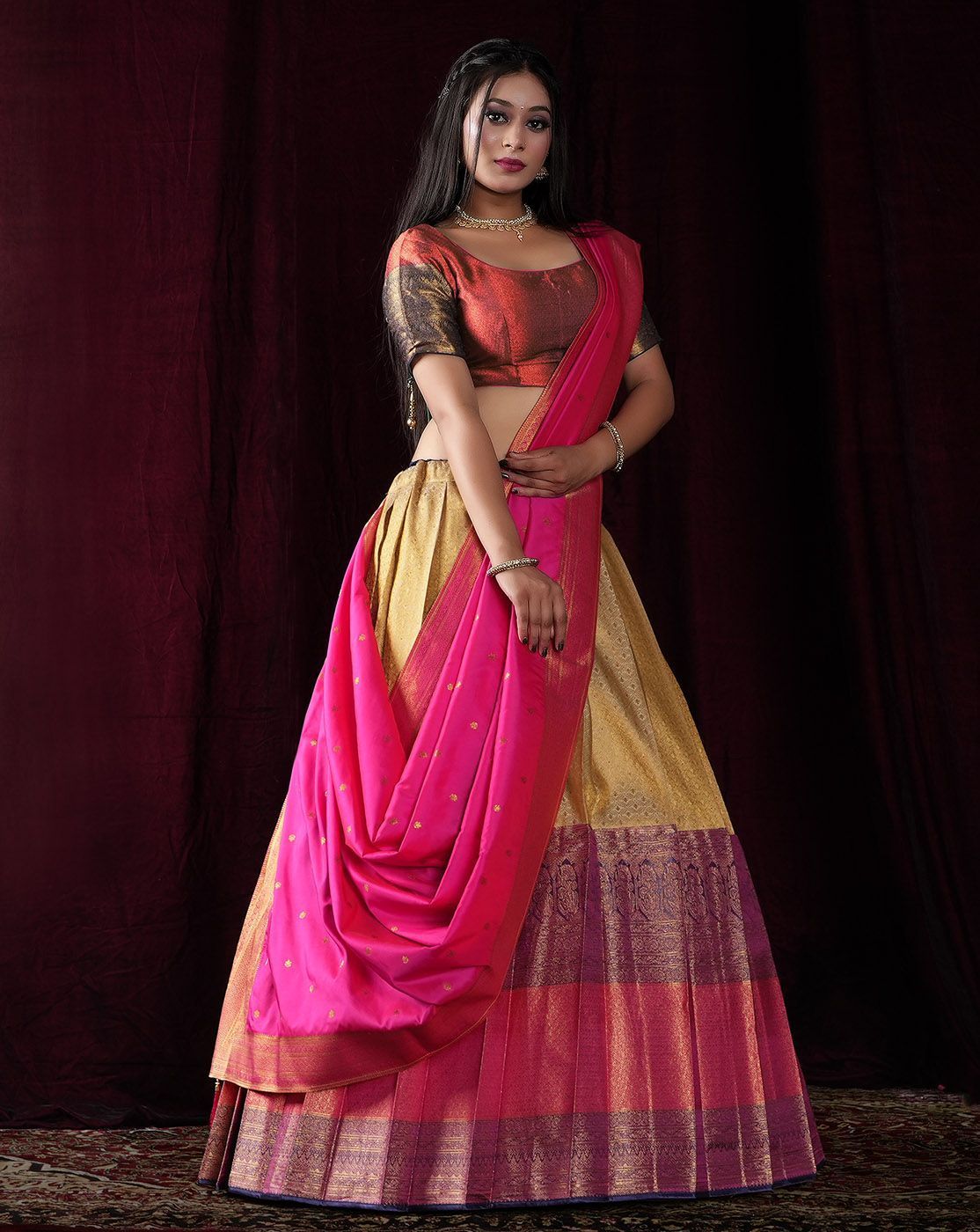 Chiku And Red Kanjivaram Silk Pattu Lehenga With Zari Woven