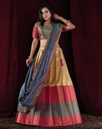 Chiku And Rama Kanjivaram Silk Pattu Lehenga With Zari Woven