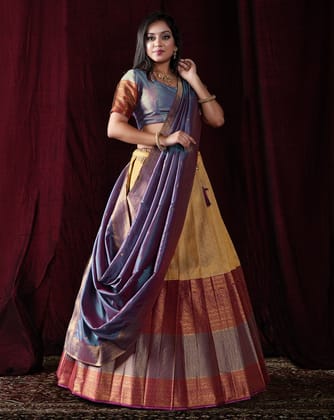 Chiku And Firozi Kanjivaram Silk Pattu Lehenga With Zari Woven