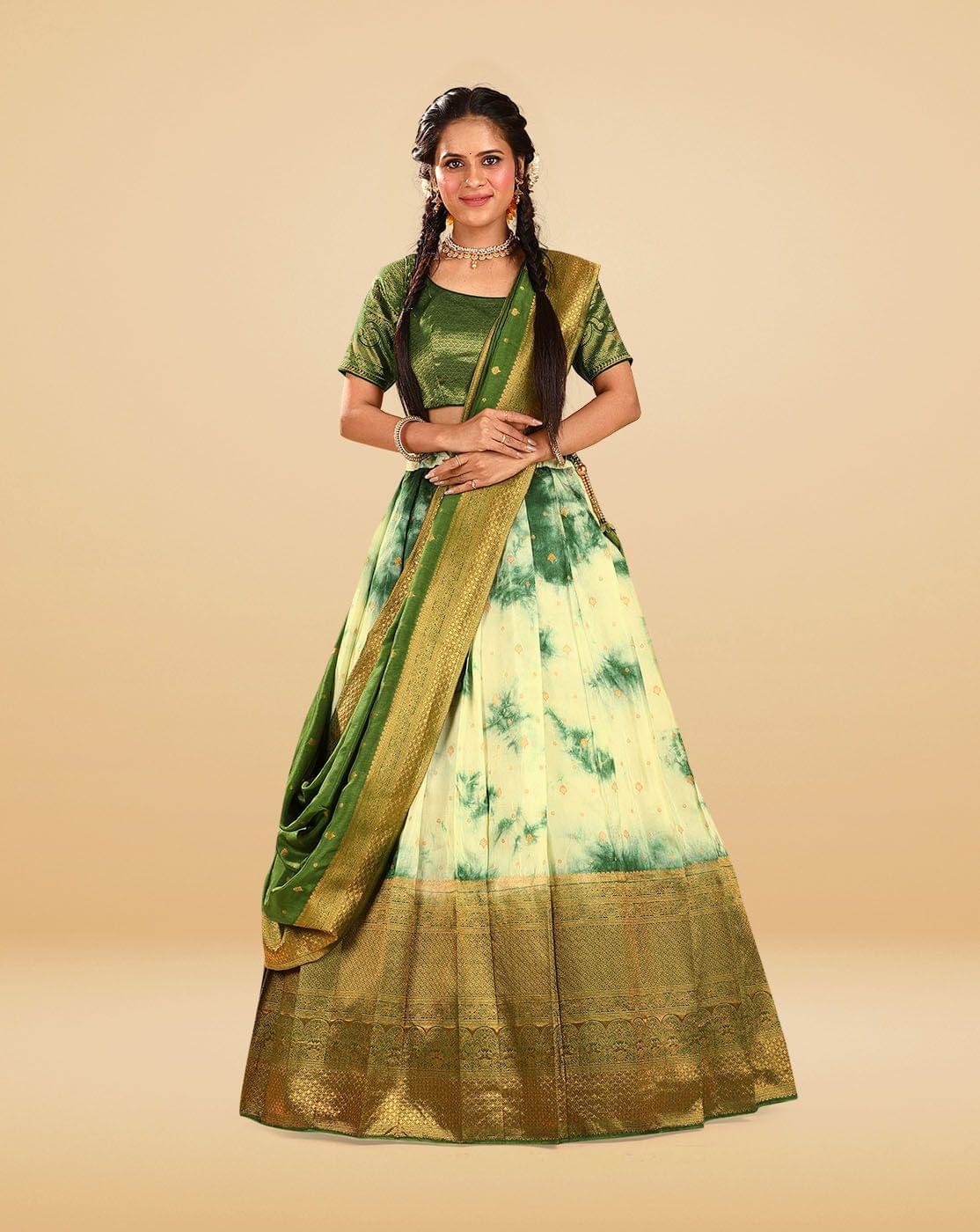 Parrot Green Banarasi Shibori dyeing silk Lehenga