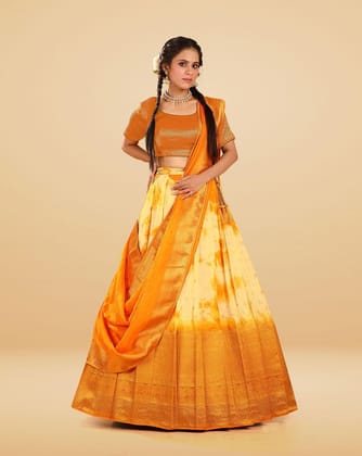 Yellow Banarasi Shibori dyeing silk Lehenga