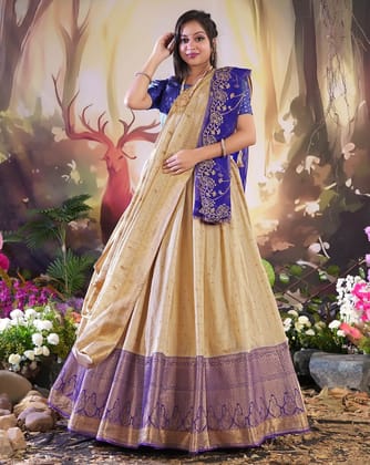 Chiku And Blue Latest Banarasi Lehenga With Double Dupatta