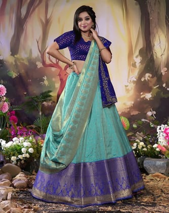 Firozi And Blue Latest Banarasi Lehenga With Double Dupatta