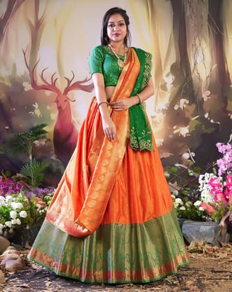 Gold And Green  Latest Banarasi Lehenga With Double Dupatta