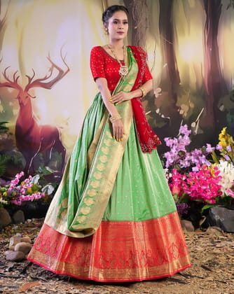 Green And Red Latest Banarasi Lehenga With Double Dupatta