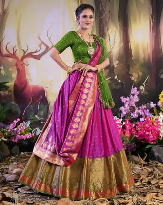 Purple And Green Latest Banarasi Lehenga With Double Dupatta