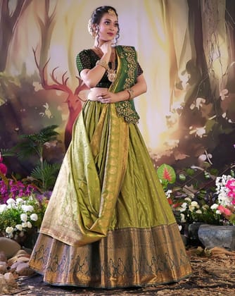 Mehendi And Green Latest Banarasi Lehenga With Double Dupatta