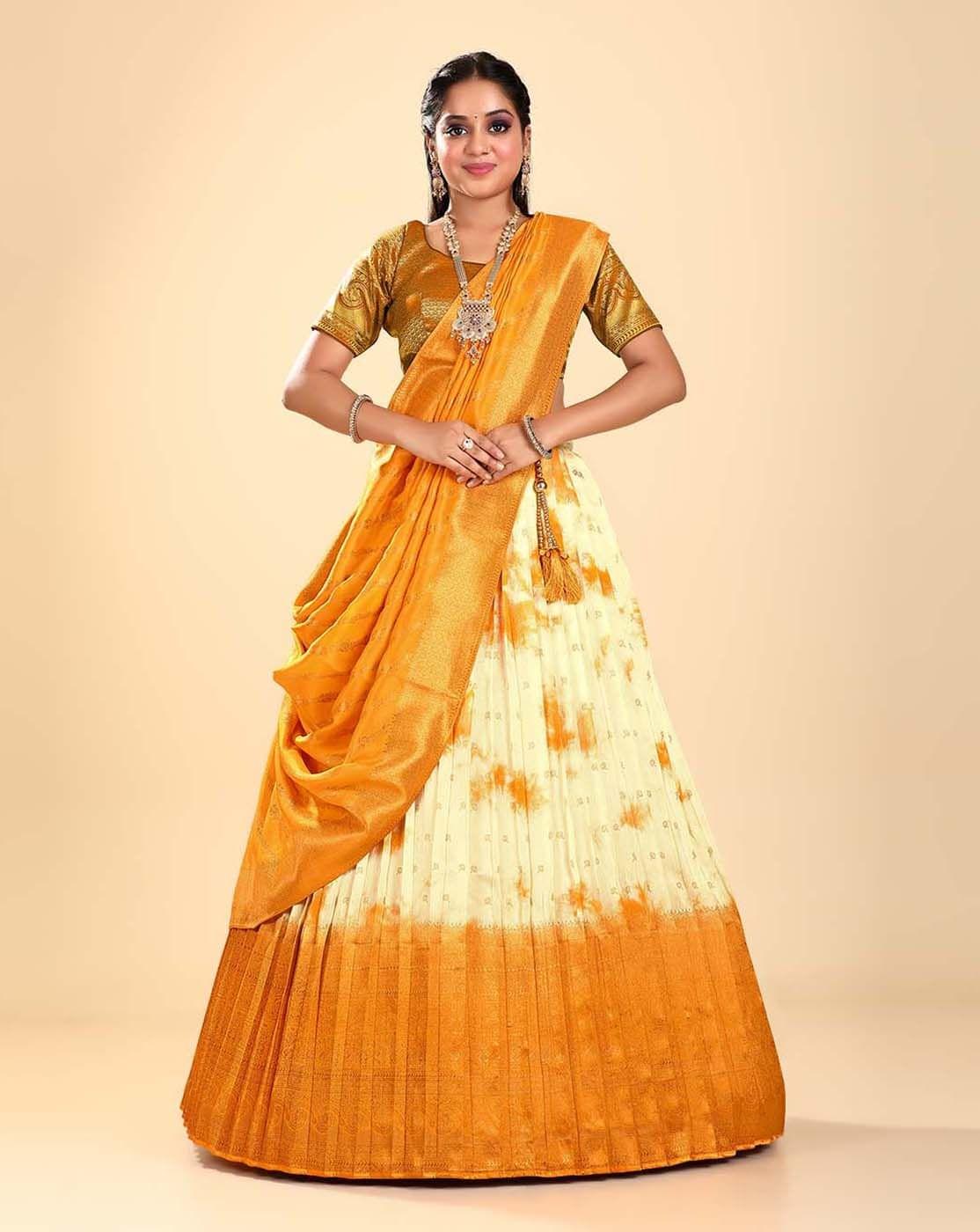 Yellow Shibori Dyeing Silk Lehenga In Viscose Fabric