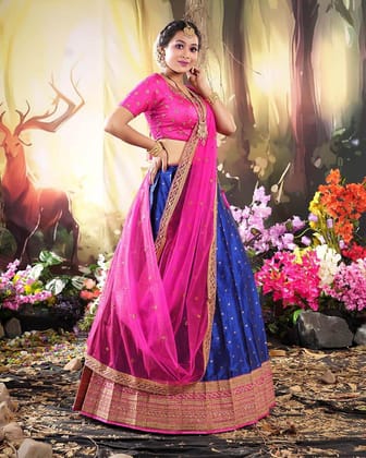 Royal Blue Zariwork Banarasi Silk Semi-Stitched Lehenga Choli For Women