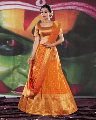 Gold Banarasi Silk Semi-Stitched Lehenga Choli