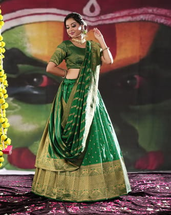 Green Banarasi Silk Semi-Stitched Lehenga Choli