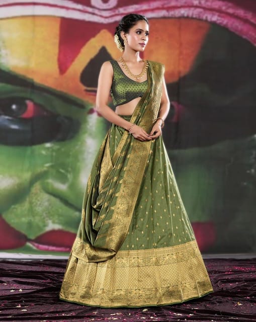 Green Banarasi Semi-Stitched Lehenga with Contrast Red Duppata – Seasons  Chennai