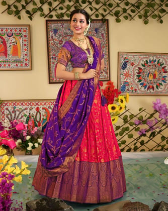 Rani And Purple Banarasi Silk Zari Woven Pleating Lehenga