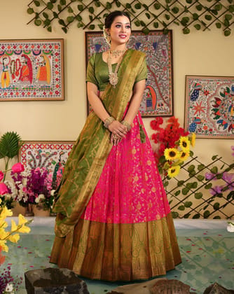 Rani And Mehendi Banarasi Silk Zari Woven Pleating Lehenga