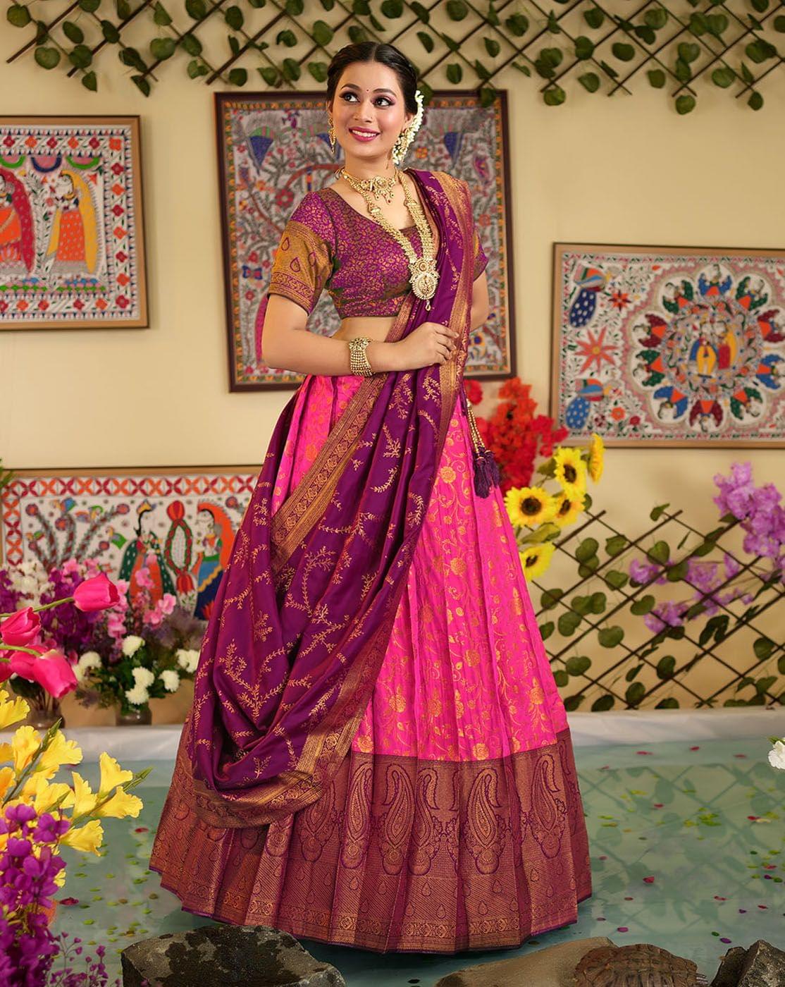 Gajari And Purple Banarasi Silk Zari Woven Pleating Lehenga