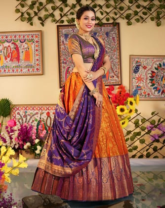 Gold And Navy Blue Banarasi Silk Zari Woven Pleating Lehenga