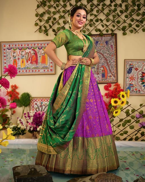 Yellow And Green Shaded Lehenga Choli In Art Silk