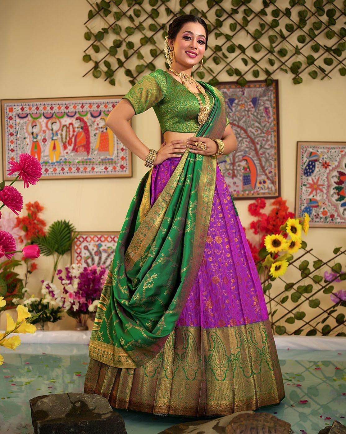 Purple And Green Banarasi Silk Zari Woven Pleating Lehenga