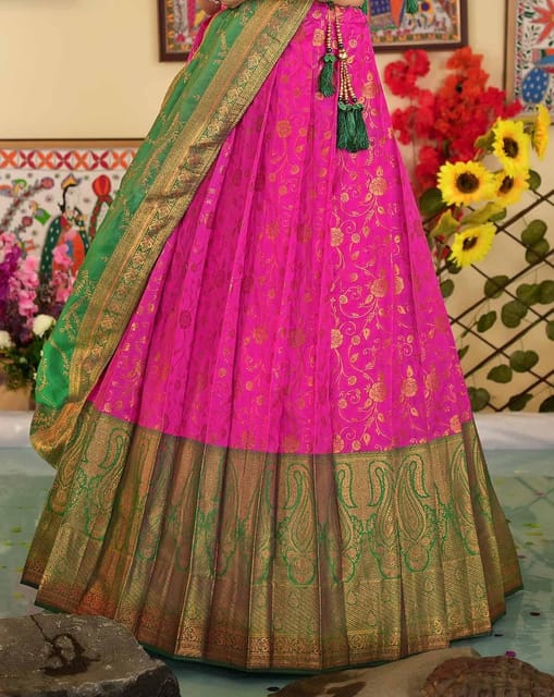 Green Kanchipuram Silk Half Saree Lehenga with Pink Net Dupatta in USA, UK,  Malaysia, South Africa, Dubai, Singapore