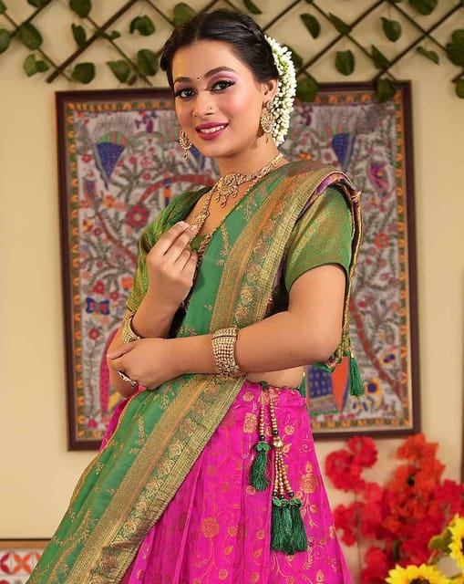 Pink and green combination is our all time favourite❤️ Bride @hindujadatta  is looking stu… | Wedding saree blouse designs, Bridal blouse designs, Half  saree designs