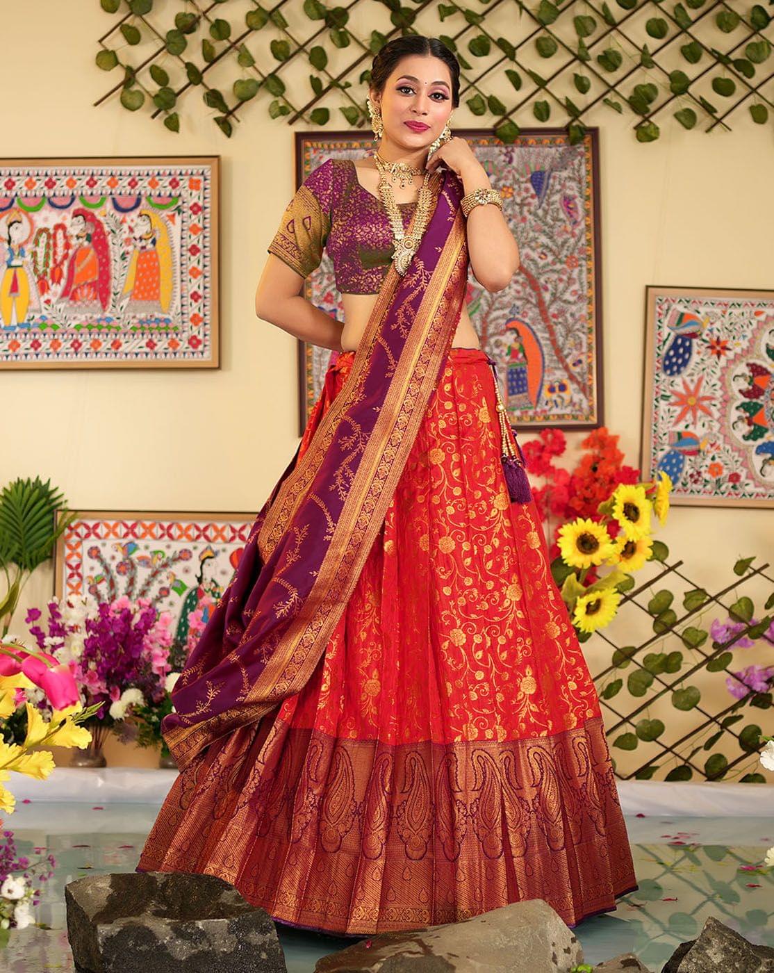 Red And Wine Banarasi Silk Zari Woven Pleating Lehenga