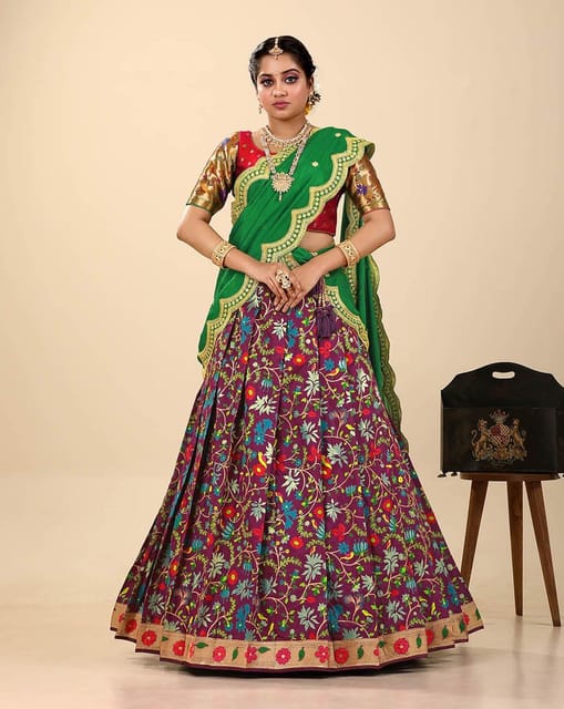 Buy Magenta And Lime Green Brocade Lehenga Choli With Painted Floral  Patchwork