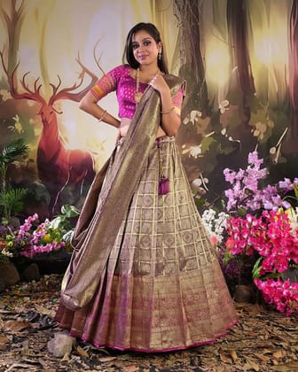 Peach And Megenta Traditional Zari Woven Banarasi Silk Lehenga Choli