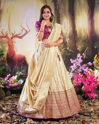 Cream And Magenta Traditional Zari Woven Banarasi Silk Lehenga Choli