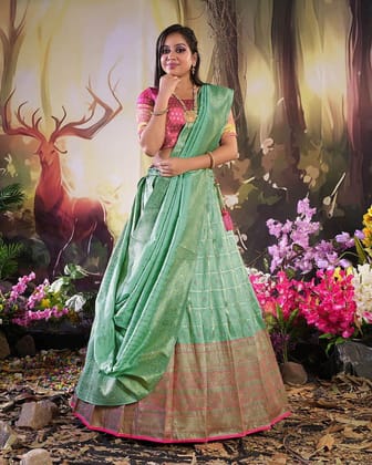 Sea Green And Gajari Traditional Zari Woven Banarasi Silk Lehenga Choli