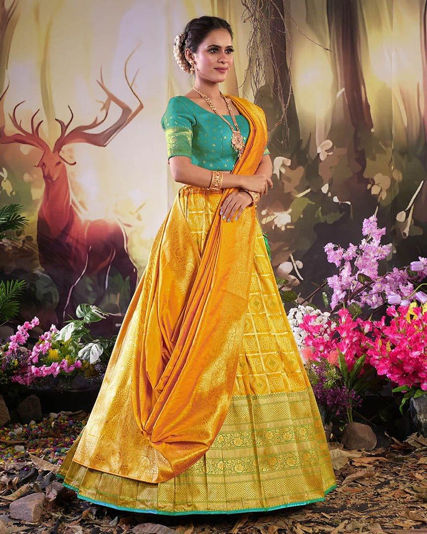 Gold And Rama Traditional Zari Woven Banarasi Silk Lehenga Choli