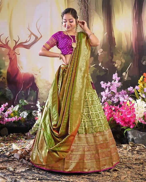 🧡💛Yellow Bandhani Semi-Stitched Lehenga In Georgette and Magenta Bandhani  Semi-Stitched Lehenga In Georgette 💜💛 . It is made... | Instagram