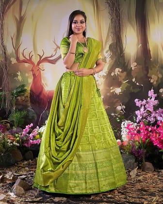 Lemon And Mehendi Traditional Zari Woven Banarasi Silk Lehenga Choli