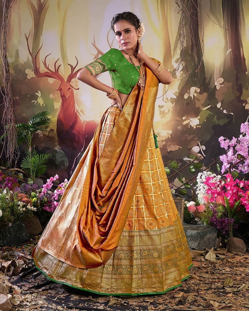 Musterd And Green Musterd Traditional Zari Woven Banarasi Silk Lehenga Choli