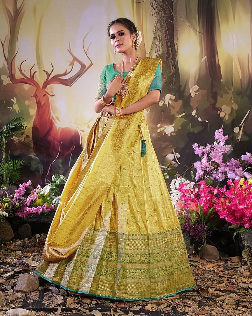 Yellow And Rama Traditional Zari Woven Banarasi Silk Lehenga Choli