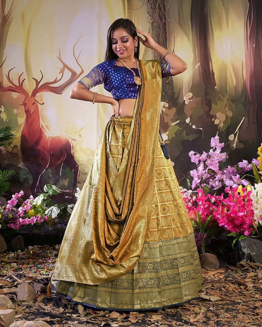 Musterd And Blue Traditional Zari Woven Banarasi Silk Lehenga Choli