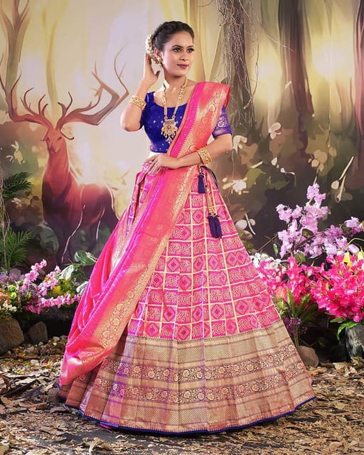 Buy Powder Pink Silk Lehenga With A Royal Blue Hand Embroidered Blouse With  Orange Net Dupatta