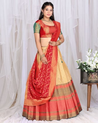 Green And Red Designer Banarasi Half Saree For Women