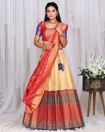 Blue And Red Designer Banarasi Half Saree For Women