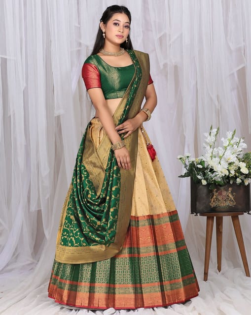 Bottle Green Latest Banarasi Half Saree | Half saree, Half saree designs,  Saree designs