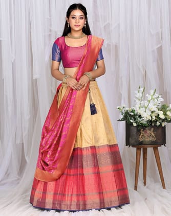 Blue And Red Designer Banarasi Half Saree For Women