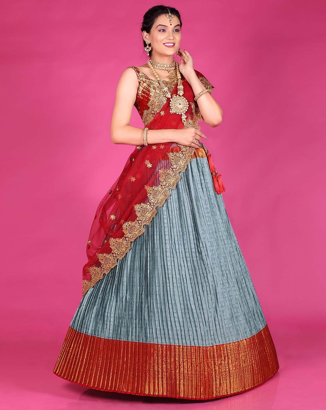 Grey And Red Banarasi Silk Zari Woven Designer Lehenga