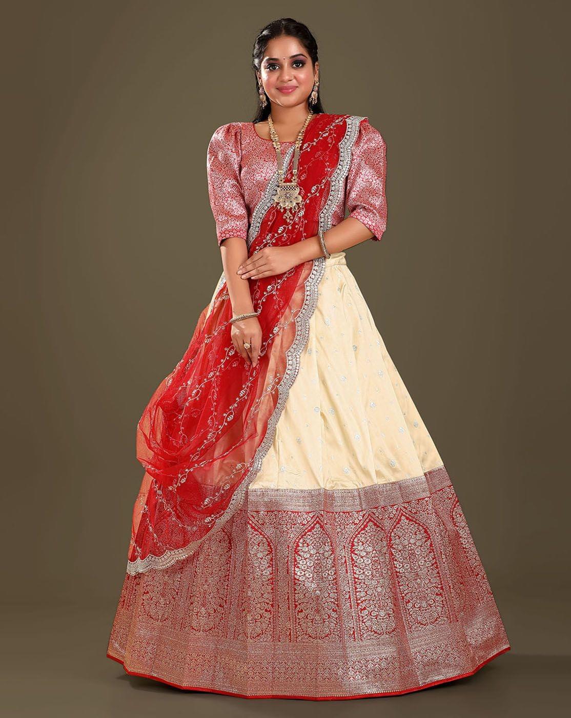 Tussar And Red Banarasi Silk Zari Woven Lehenga For Women