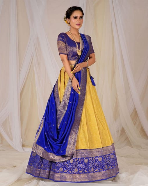 Ethnic Gowns | Royal Blue And Gold Lehenga | Freeup