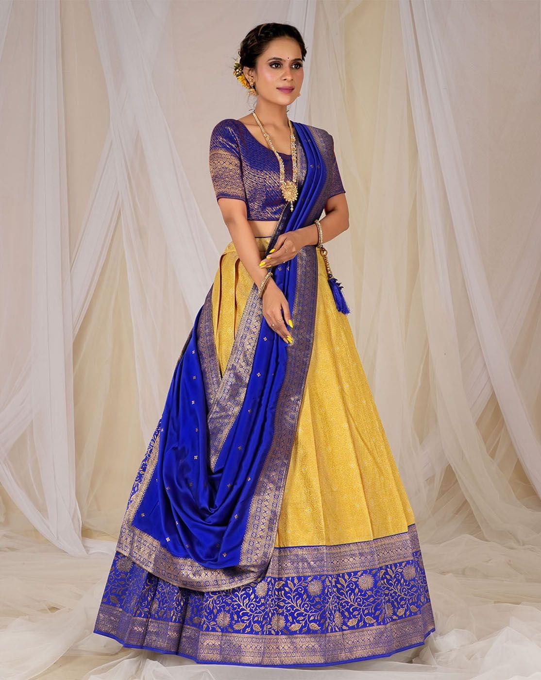 Gold And Royal Blue Kanjivaram Silk Zari Woven Lehenga Choli